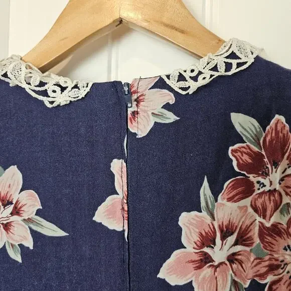 Vintage 90s Floral Dress Women Med Blue Lace Pleated Preppy Cottage Modest Retro - Picture 6 of 9